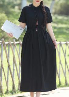 Black Linen Cotton Robes Shape Tie Waist Maxi Summer Dress