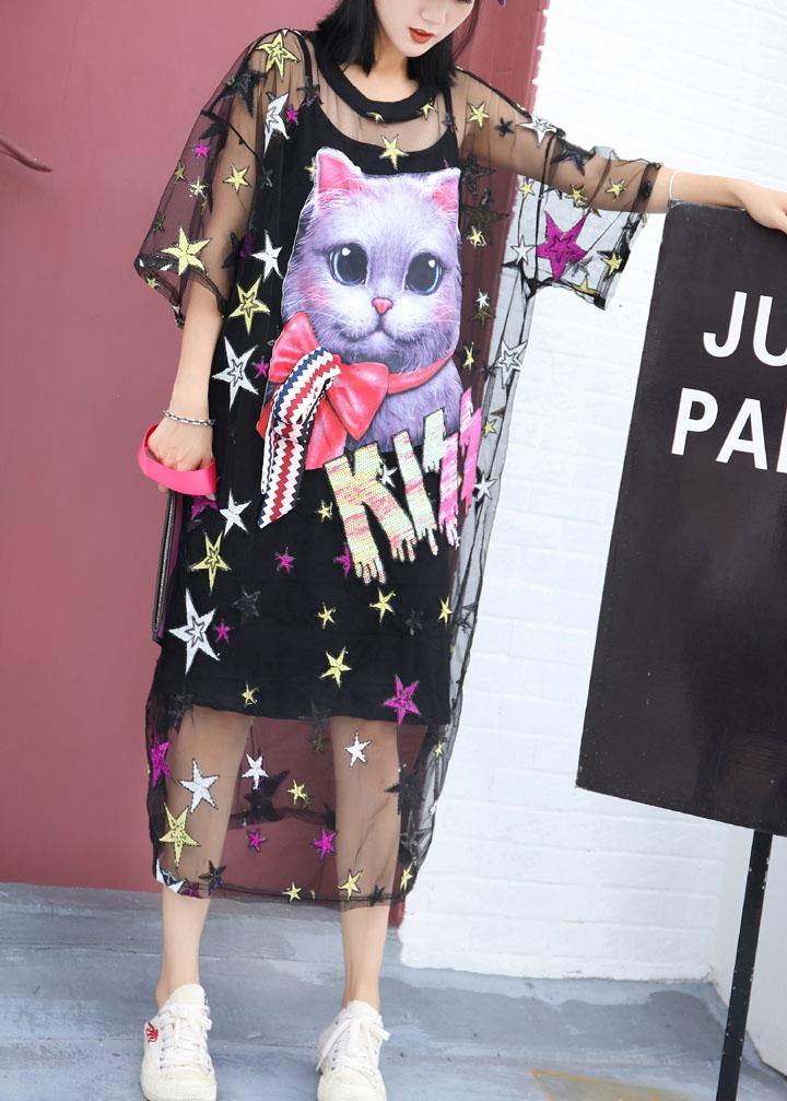 Black Love Cats Cotton Clothes Short Sleeve Summer Dresses