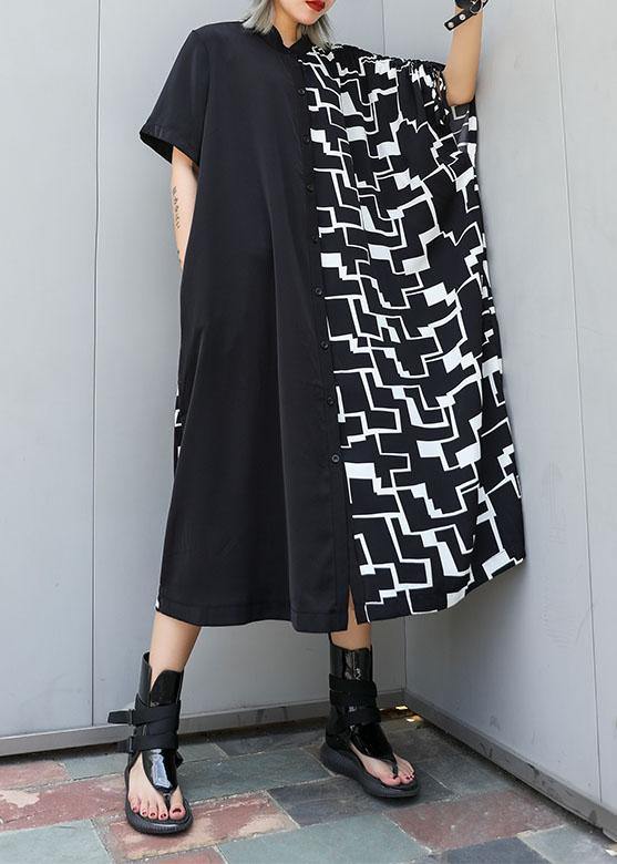 Black Patchwork Cotton Clothes for Square Collar a Line Summer Dresses