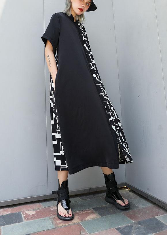 Black Patchwork Cotton Clothes for Square Collar a Line Summer Dresses