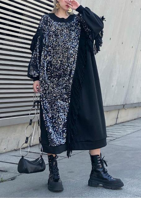 Black Patchwork Cotton Clothes O Neck Tassel Sequined Long Dresses