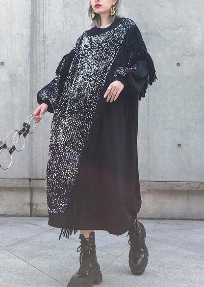 Black Patchwork Cotton Clothes O Neck Tassel Sequined Long Dresses