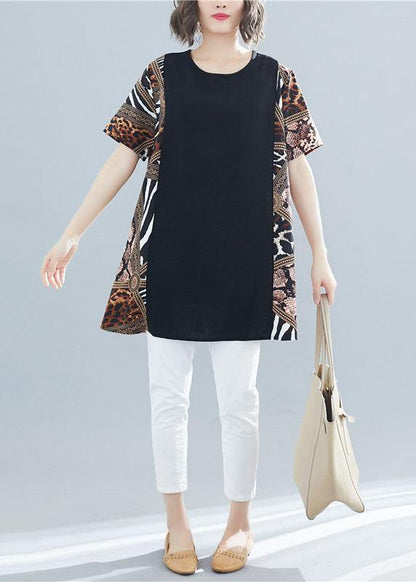 Black Patchwork Cotton Clothes O Neck Art Summer Shirts