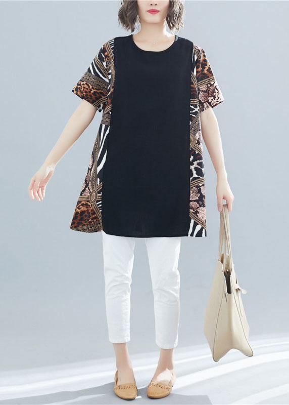 Black Patchwork Cotton Clothes O Neck Art Summer Shirts