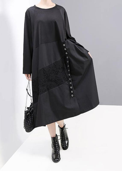 Black Patchwork Cotton Quilting Dresses Long Sleeve Robe O Neck Dresses