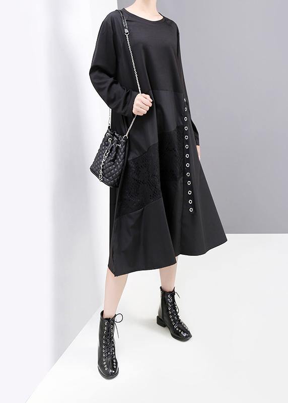 Black Patchwork Cotton Quilting Dresses Long Sleeve Robe O Neck Dresses