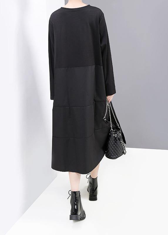 Black Patchwork Cotton Quilting Dresses Long Sleeve Robe O Neck Dresses