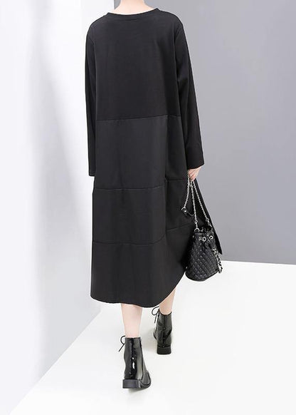 Black Patchwork Cotton Quilting Dresses Long Sleeve Robe O Neck Dresses