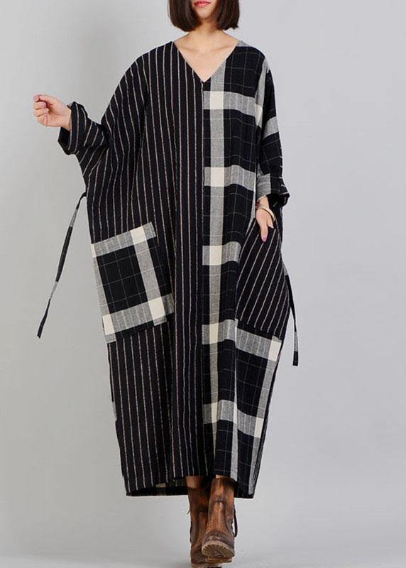 Black Plaid Cotton Dress V Neck Patchwork Large Pockets Fall Dresses