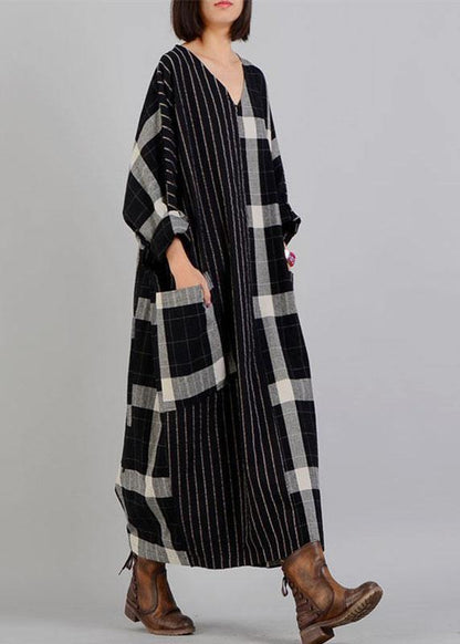 Black Plaid Cotton Dress V Neck Patchwork Large Pockets Fall Dresses