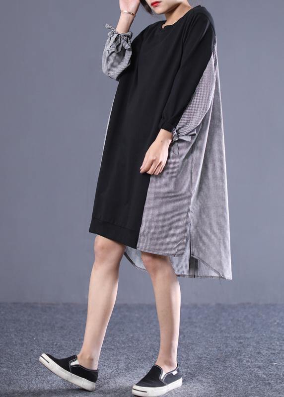 Black Plaid Outfit O Neck Patchwork Tunic Dresses