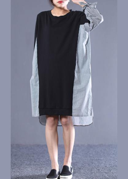 Black Plaid Outfit O Neck Patchwork Tunic Dresses