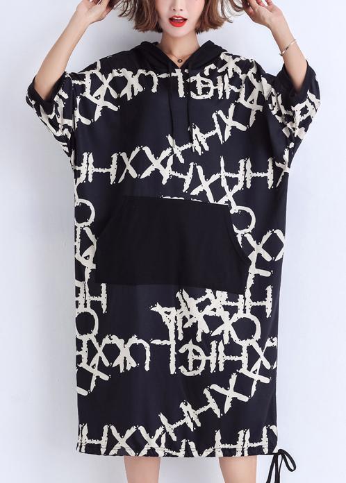 Black Print Cotton Work Outfits Pockets Summer Dresses