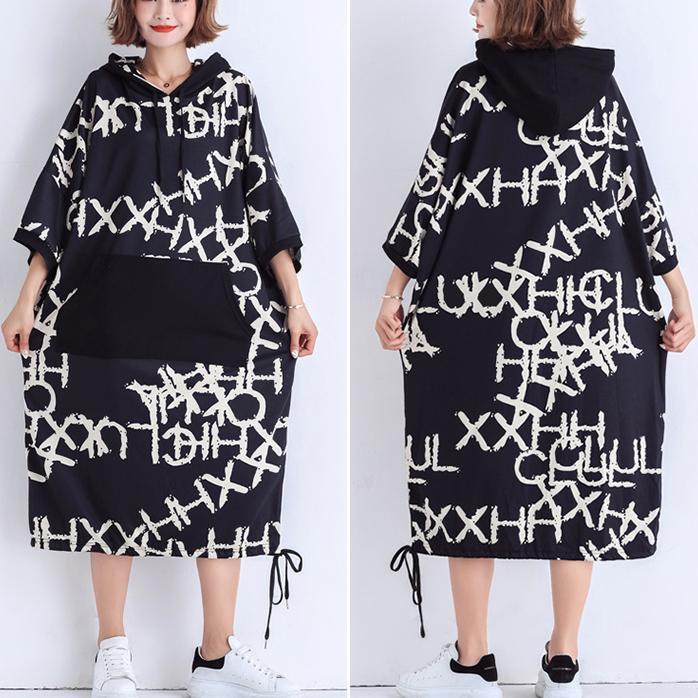 Black Print Cotton Work Outfits Pockets Summer Dresses