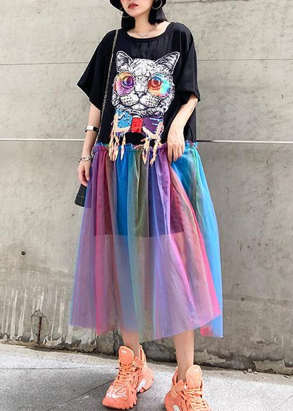 Black Print Cotton Dresses Patchwork Tulle a Line Dresses