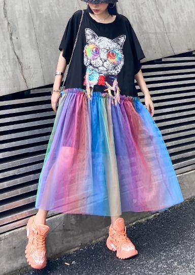Black Print Cotton Dresses Patchwork Tulle a Line Dresses