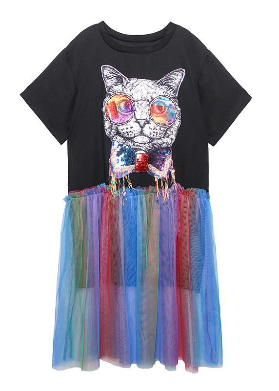 Black Print Cotton Dresses Patchwork Tulle a Line Dresses