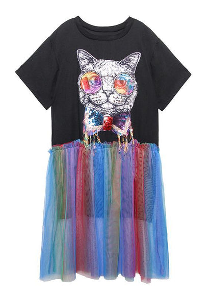 Black Print Cotton Dresses Patchwork Tulle a Line Dresses