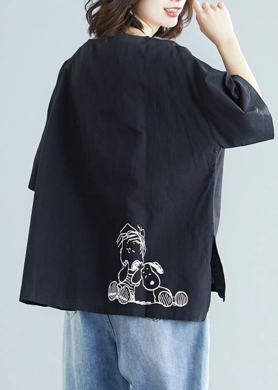 Black Print Cotton Linen Top Silhouette Design O Neck Baggy Shirt