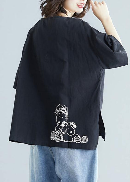 Black Print Cotton Linen Top Silhouette Design O Neck Baggy Shirt