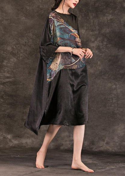 Black Print Cotton Quilting Dresses Slash Neck Summer Dresses