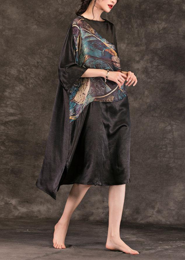 Black Print Cotton Quilting Dresses Slash Neck Summer Dresses