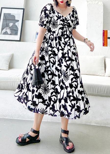 Black Print Dresses V Neck Cinched a Line Dress