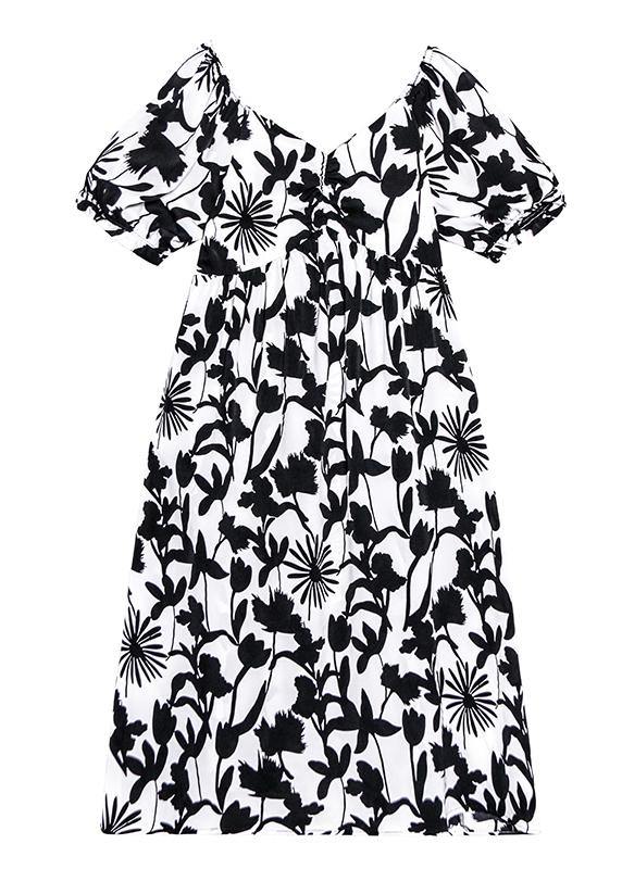 Black Print Dresses V Neck Cinched a Line Dress