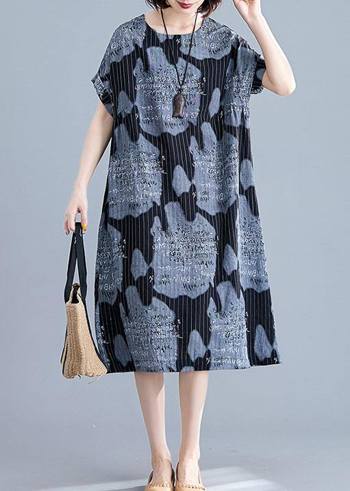 Black Print Linen Cotton Tunics for Striped O Neck Midi Summer Dress