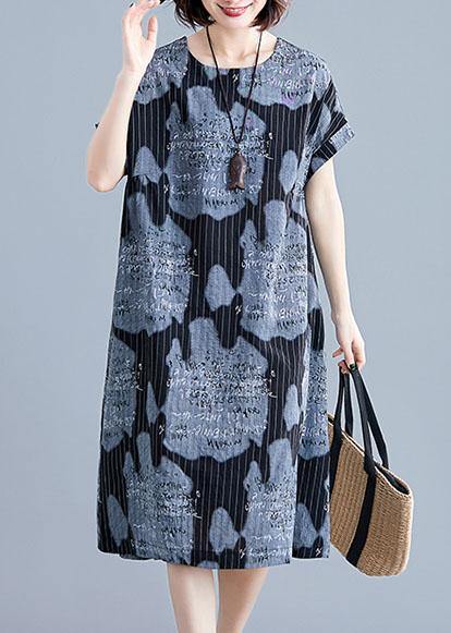 Black Print Linen Cotton Tunics for Striped O Neck Midi Summer Dress