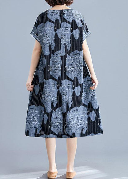 Black Print Linen Cotton Tunics for Striped O Neck Midi Summer Dress