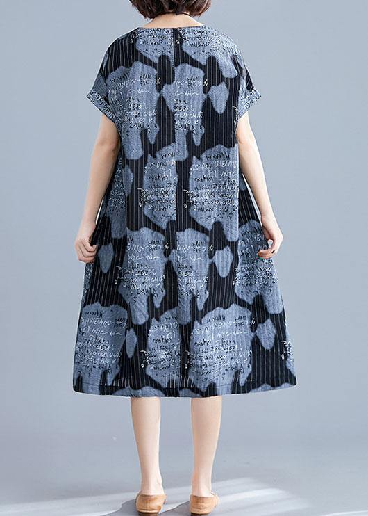 Black Print Linen Cotton Tunics for Striped O Neck Midi Summer Dress