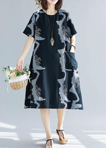 Black Prints Cotton Quilting Clothes Big Pockets Summer Dress