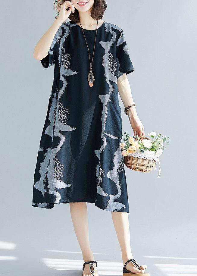 Black Prints Cotton Quilting Clothes Big Pockets Summer Dress