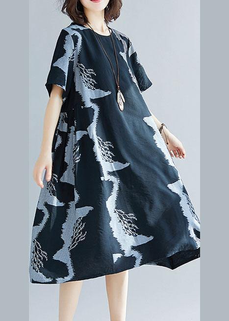 Black Prints Cotton Quilting Clothes Big Pockets Summer Dress