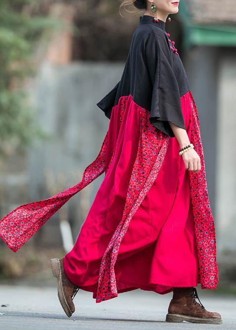 Black Red Patchwork Linen Cotton Clothes Stand Collar Baggy Dresses Summer Dresses