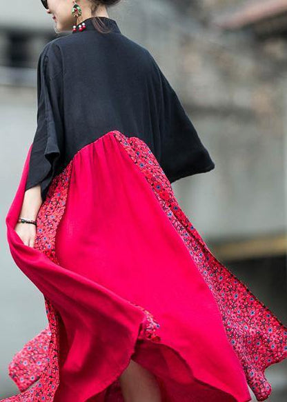 Black Red Patchwork Linen Cotton Clothes Stand Collar Baggy Dresses Summer Dresses