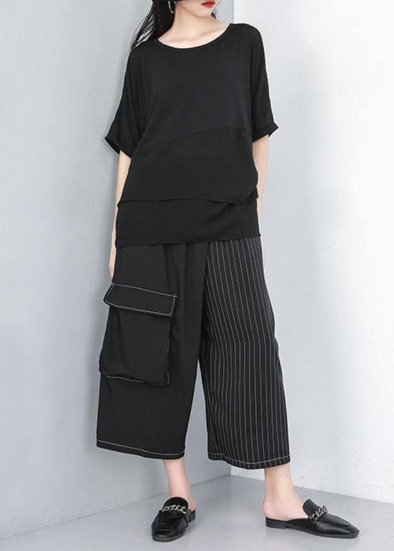 Black Shirts Fine Cotton Chiffon Spliced Irregular Blouse