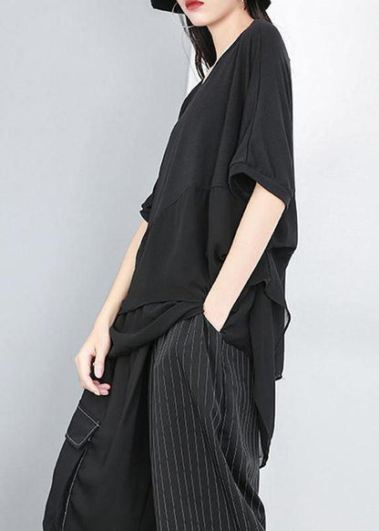 Black Shirts Fine Cotton Chiffon Spliced Irregular Blouse