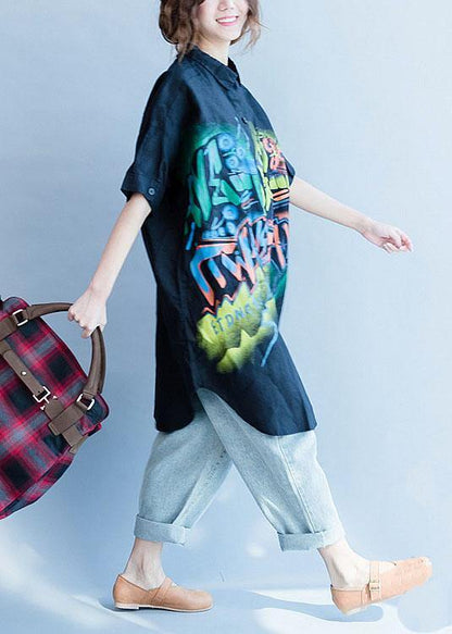 Black Side Open Cotton-blend Tops Work Lapel Collar Prints Summer Blouses