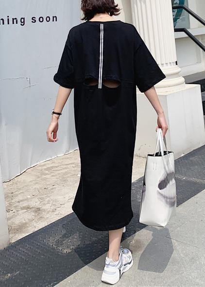 Black Side Open Cotton Tunics for Back Hollow Out Cotton Robes Summer Dress