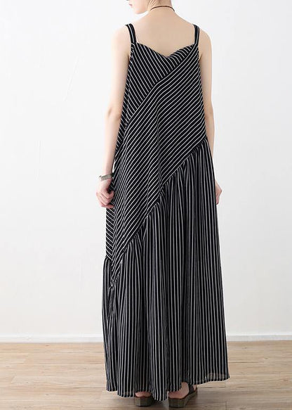 Black Striped Chiffon Clothes Outfits Spaghetti Strap Asymmetric Robe Rsummer Romper