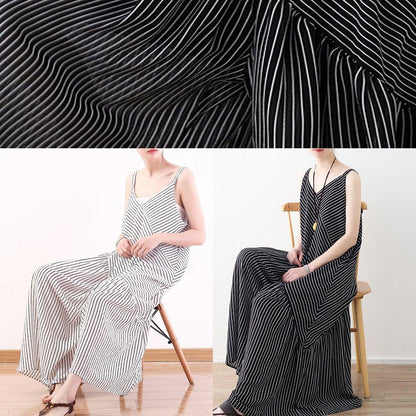 Black Striped Chiffon Clothes Outfits Spaghetti Strap Asymmetric Robe Rsummer Romper