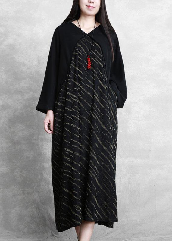 Black Striped Clothes V Neck Batwing Sleeve Dresses