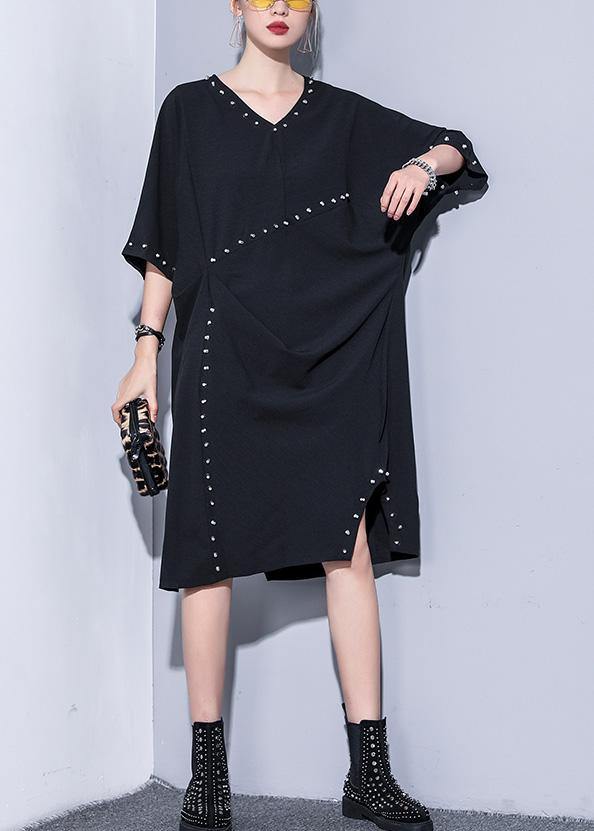 Black V Neck Cotton Quilting Clothes Rivet Summer Dresses