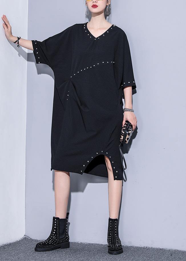 Black V Neck Cotton Quilting Clothes Rivet Summer Dresses