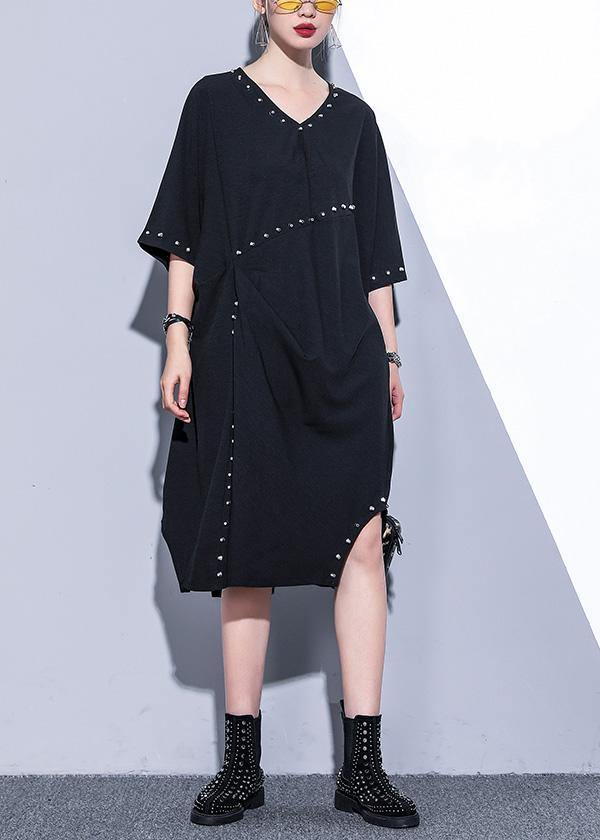 Black V Neck Cotton Quilting Clothes Rivet Summer Dresses