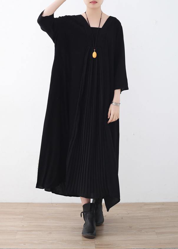 Black V Neck Chiffon Quilting Dresses Cinched Maxi Summer Dress