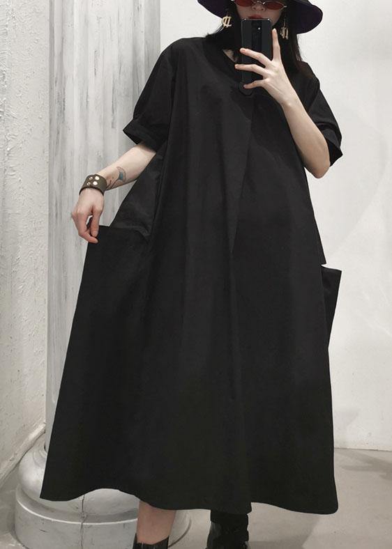 Black V Neck Cotton Tunics Big Pockets Maxi Summer Dresses