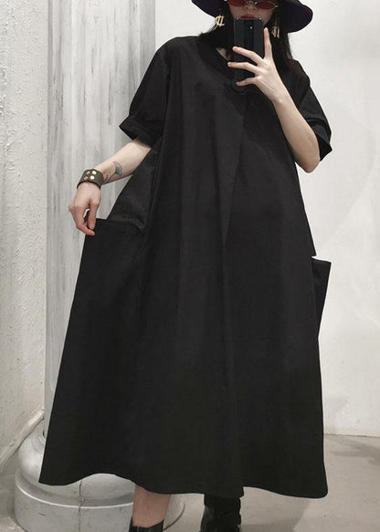 Black V Neck Cotton Tunics Big Pockets Maxi Summer Dresses